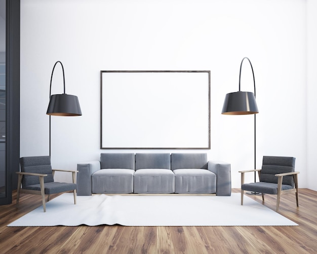 Panoramic living room interior with a rug on the floor, a gray sofa and two armchairs. Floor lamps and a poster 3d rendering mock up