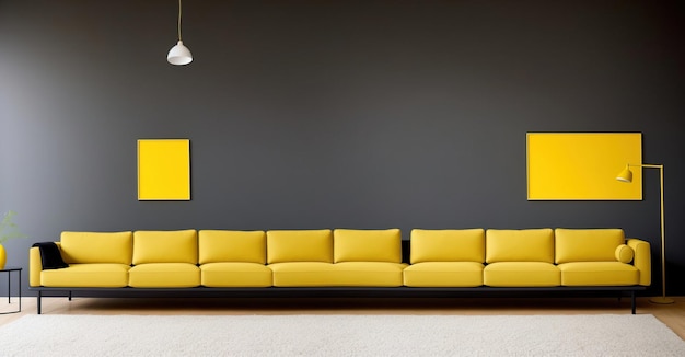 Photo panoramic minimalist interior yellow sofa gray walls generative ai