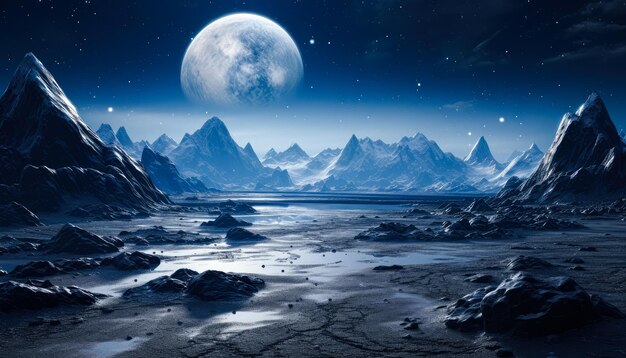 Panoramic Moonlit Mountain Range in Winter Landscape with Starry Sky