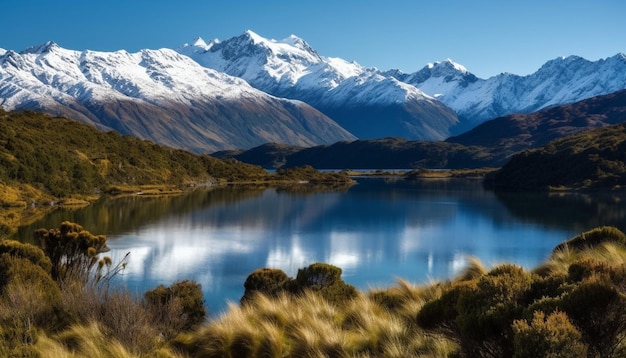 Panoramic mountain range reflects tranquil beauty in nature landscape generated by artificial intelligence