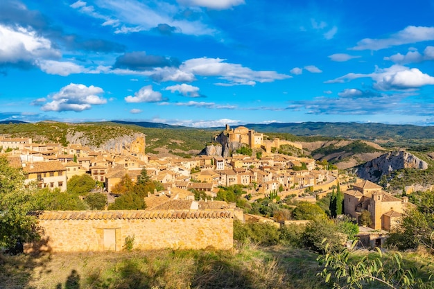 Panoramic of the mountain village in the pyrenees called alquezar medieval town of huesca spain