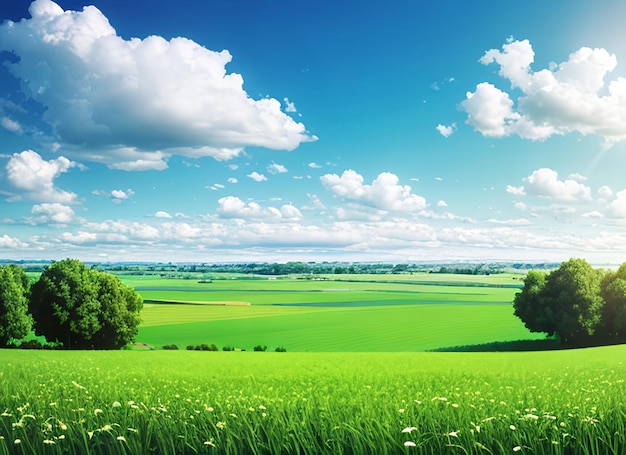 Панорамный природный ландшафт с полем зеленой травы, голубым небом с облаками и горами на заднем плане