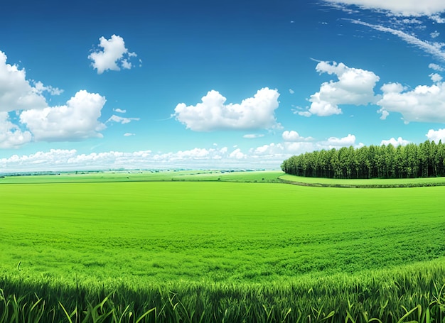 雲と山を背景に緑の芝生の青い空とパノラマの自然の風景