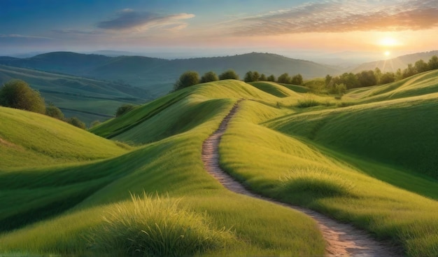 Photo panoramic natural landscape with green grass field blue sky with clouds and mountains in background