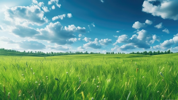 Panoramic natural landscape with green grass field and blue sky with clouds with curved horizon line