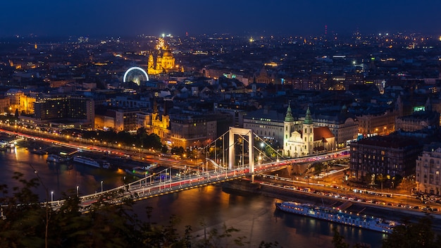 Panoramic night view of budapest with the Elizabeth Bridge, Hungary