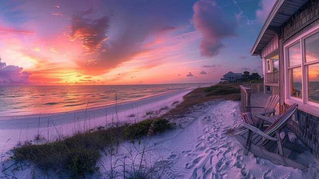 Photo panoramic ocean view beach house with sunset background