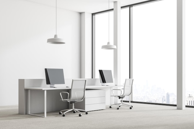 Panoramic office interior with white walls, loft windows with a cityscape, a concrete floor and rows of computer tables. 3d rendering mock up