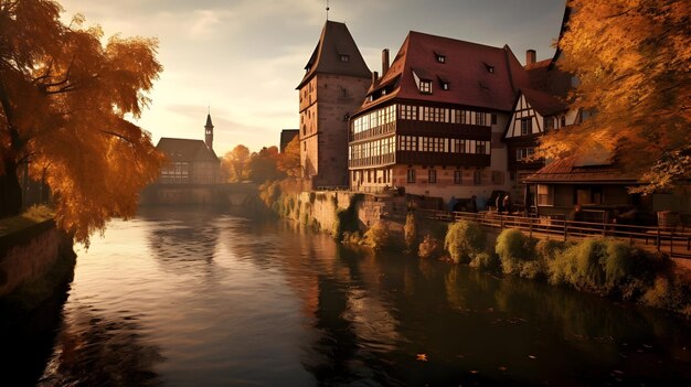 Panoramic old city view with residential buildings in Nuremberg Germany