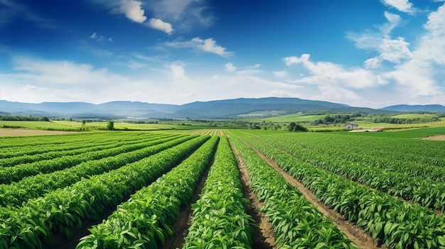 Panoramic photo of a beautiful agricultural view with blue sky