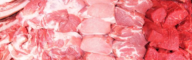 Panoramic photo of different types of raw meat on a supermarket shelf Pure products without additives