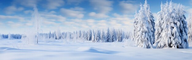 panoramic photo of the trees covered with snow in the Snowland