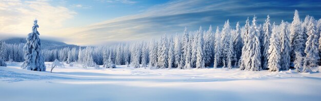 panoramic photo of the trees covered with snow in the Snowland