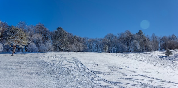 写真 早朝のそり、チューブ、スノーモービルの雪の斜面のパノラマ写真の冬の風景