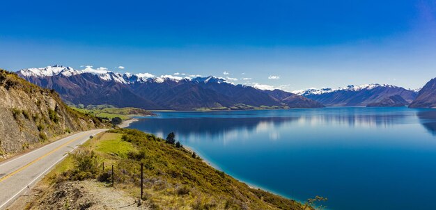 Panoramic photos of lake hawea and mountains south island new zealand