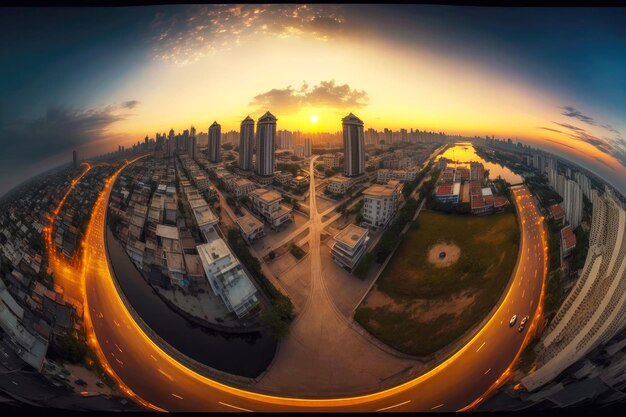 Panoramic picture of beautiful modern chinese city at dawn from roof top view