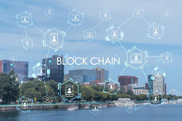 Panoramic picturesque Boston city view skyline and Massachusetts Institute of Technology campus at day time A technological and educational center Blockchain and cryptography concept hologram