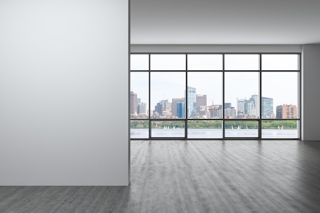 Panoramic picturesque city view of Boston at day time from modern empty room Massachusetts An intellectual and political center Mockup copy space empty wall Display concept 3d rendering