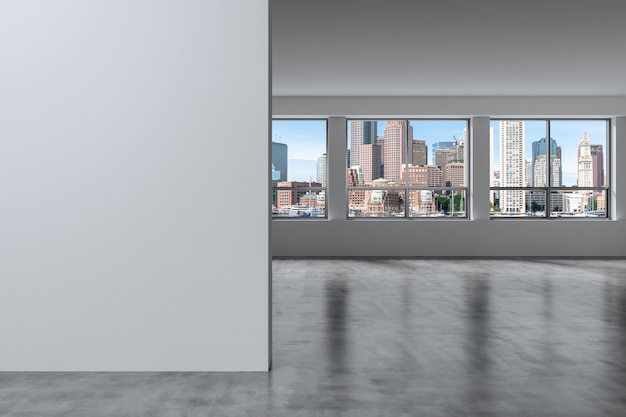 Panoramic picturesque city view of Boston at day time from modern empty room Massachusetts An intellectual and political center Mockup copy space empty wall Display concept 3d rendering