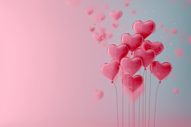 パノラマのピンクの背景のハートバルーンがバレンタインデーに最適です
