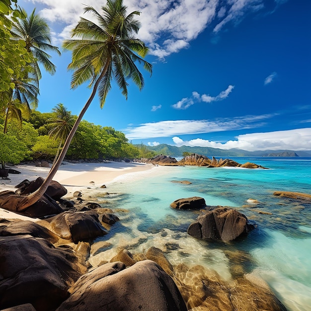 panoramic rocky beach with blue water and Seychelles