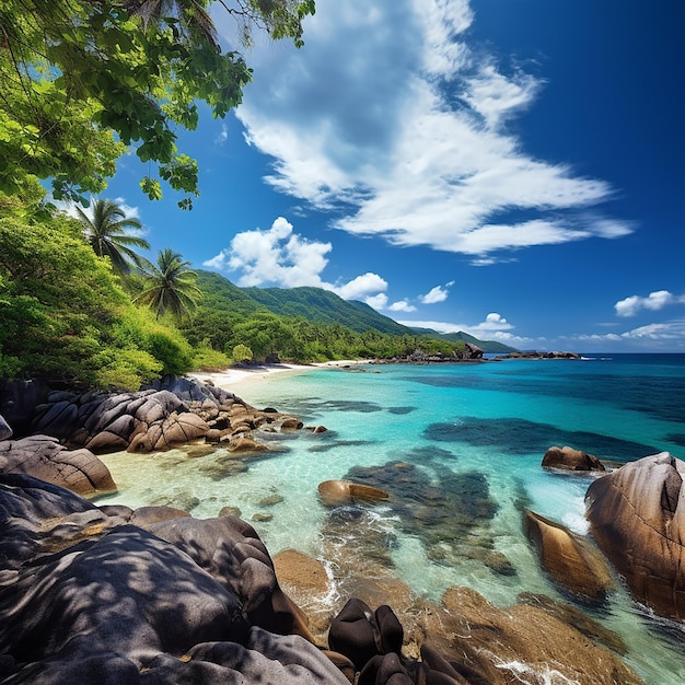 panoramic rocky beach with blue water and Seychelles