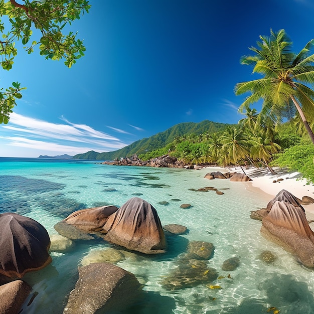 パノラマ風景の岩のビーチと青い水とセイシェル諸島