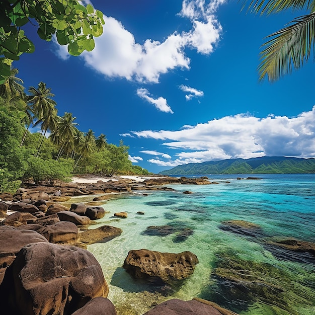 panoramic rocky beach with blue water and Seychelles