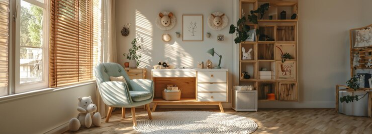パノラミックなスカンジナビアのシックなスタイリッシュな子供の部屋 薄荷のアームチェア 木製のキャビネットとプレッシュのおもちゃ