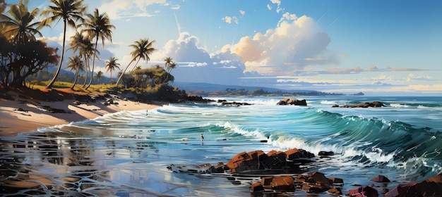 Panoramic seascape with sea waves and seashells