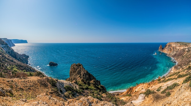 Panoramic seascape with a view of the rocky coast