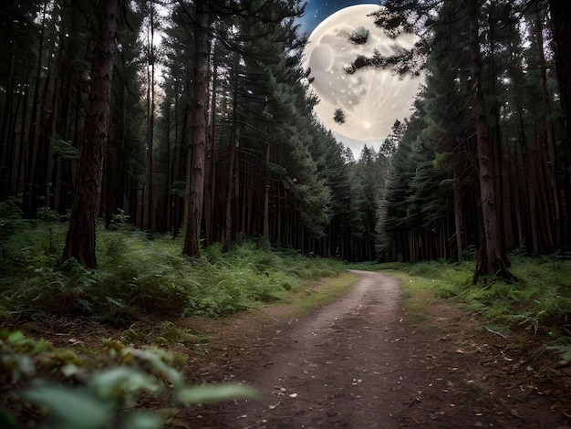 하늘의 슈퍼 보름달로 이어지는 도로가 있는 탁 트인 고요한 숲
