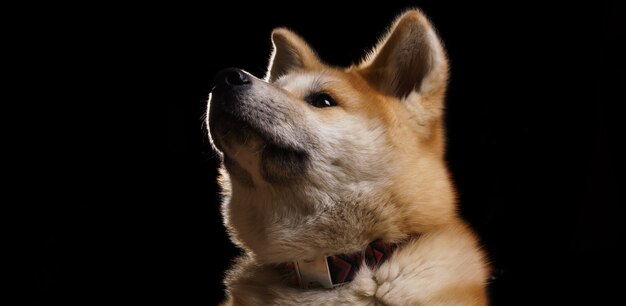 Panoramic shot of Akita dog face looking up on dark