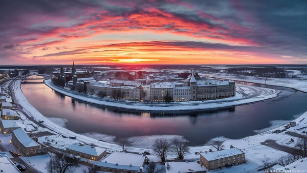 Photo panoramic shot of beautiful sunset over snow covered riga town with daugava river and downtown