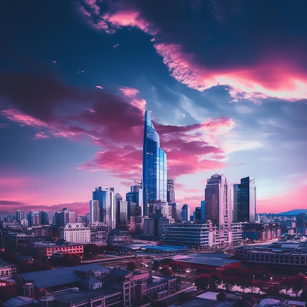 Panoramic shot of city building under a purple and blue sky