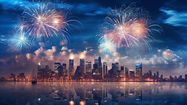 A panoramic shot of a city skyline lit up with fireworks creating a stunning visual spectacle for i