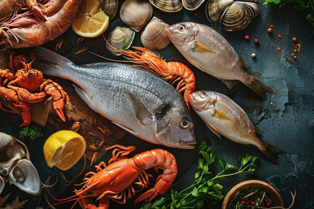 Panoramic shot of fish and seafood variety