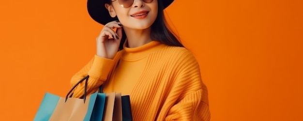 Панорамный снимок девушки в шляпе, держащей сумки с покупками, изолированными на оранжевом ай