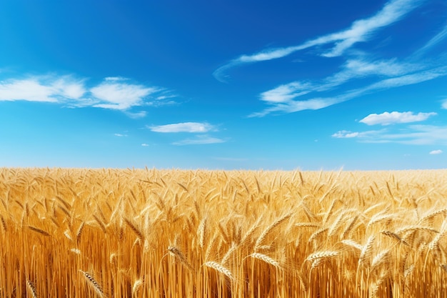 A panoramic shot of a golden wheat field under a blue sky