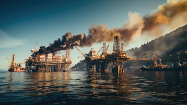 Panoramic shot of oil rigs at sea