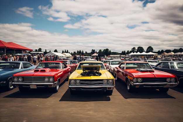 Photo panoramic shot showcasing muscle cars at classic automotive show generative ai