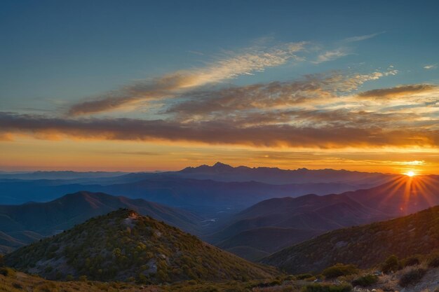 a panoramic shot of a vibrant sunrise over a tranquil mountain range