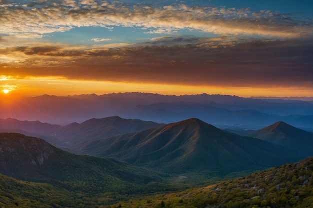 静かな山脈の上に輝く日の出のパノラマショット