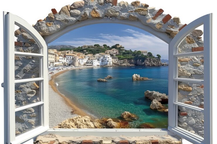 Panoramic showing of a seascape with blue sky above sunlights professional photography