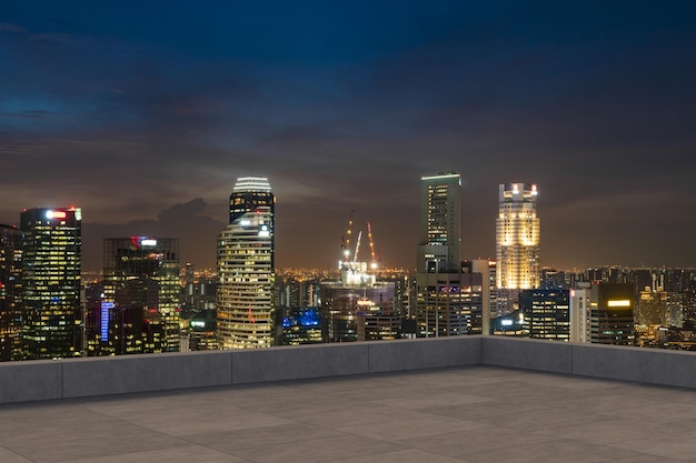 Panoramic Singapore skyline view concrete observatory deck on rooftop night time Asian corporate and residential lifestyle Financial city downtown real estate Product display mockup empty roof