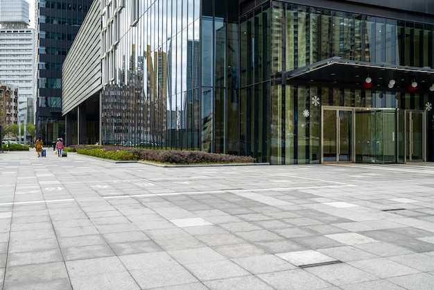 Panoramic skyline and buildings with empty concrete square floor,shanghai,china