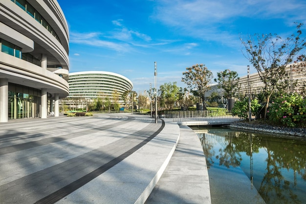 Panoramic skyline and buildings with empty concrete square floorqianjiang new townhangzhouchina