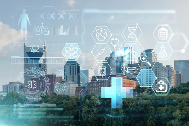 Panoramic skyline view of Broadway district of Nashville over Cumberland River at day time Tennessee USA Hologram healthcare digital medicine icons The concept of treatment from disease