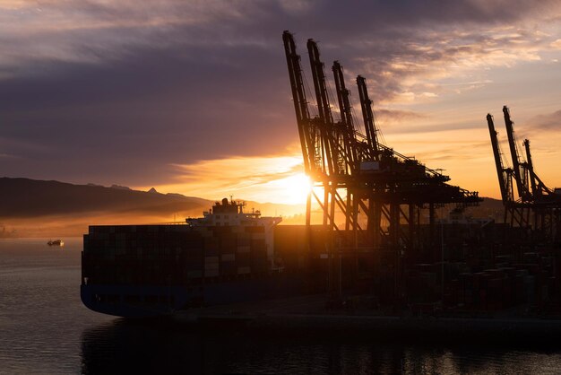 Panoramic skyline view of Vancouver international industrial port with freight and shipment docks