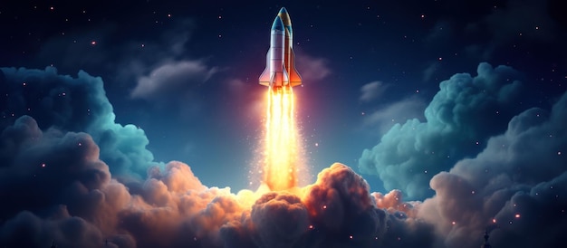 パノラマ宇宙船ロケットが地球から星空に飛び立つ AI生成の画像